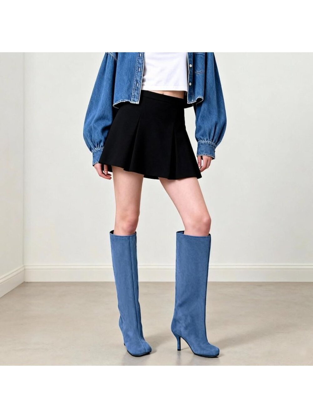 Women's Suede Knee High Boots Square Toe Blue Stiletto Heels Wide Calf Boot - Picture 2 of 6